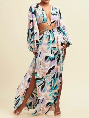 Long Blouson Sleeve Pastel Multi-Print Cutout Maxi Dress with Ring Detail